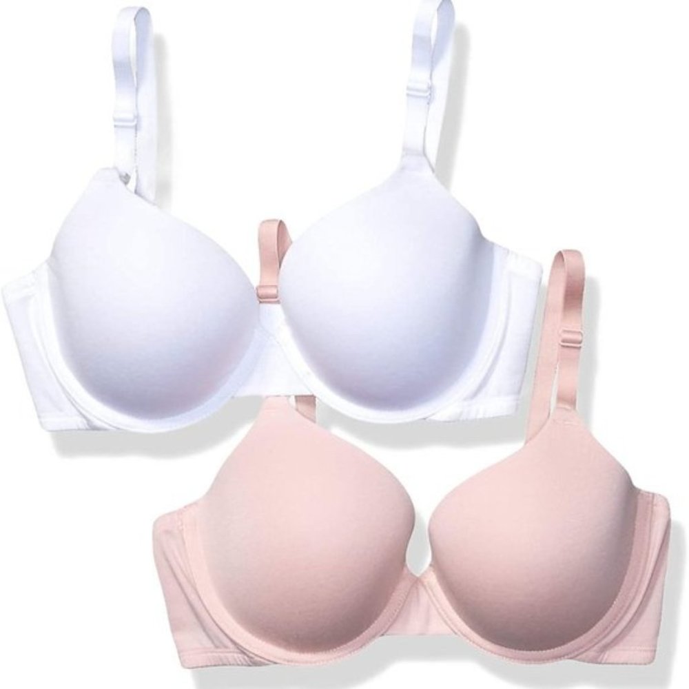 FRUIT OF THE LOOM 2PK UNDERWIRE T-SHIRT BRAS White/Blush Rose Stretch 38DDD NEW…